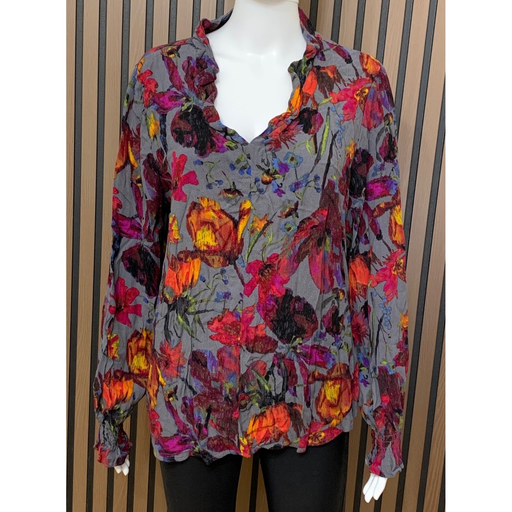 Habitat Clothes to Live In Women's Floral Ruffle Neck Blouse Grey Multi L Artsy